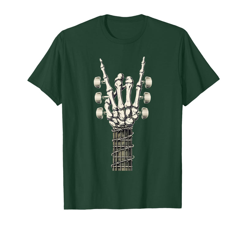 Rock and Wear Gifts Men Women Kids Skeleton Guitar Hand Rock On Guitarist Rock Band Music T-Shirt - Dark Green