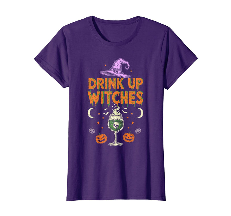 Funny Halloween Tees for Men Women Kids. Drink Up Witches Purple Hat Funny Halloween Men Women T-Shirt - Purple