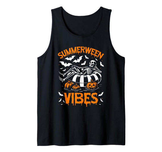 Summerween Vibes Summer Halloween Apparel Summerween Vibes Skeleton Float Summer Halloween Tank Top - Black