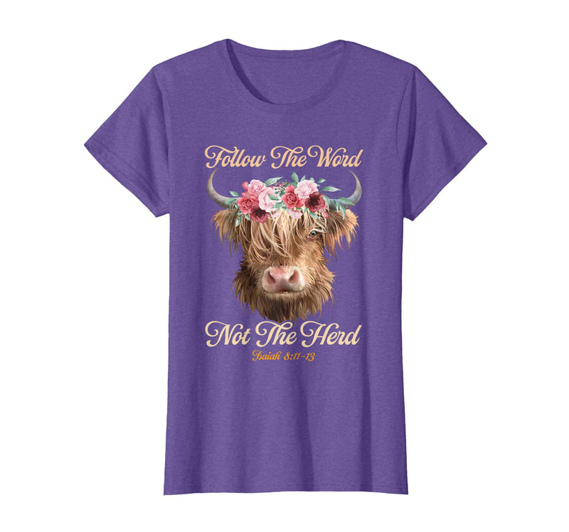 Christian Western Highland Cow Lovers Tees Follow The Word Not The Herd Christian Western Highland Cow T-Shirt - Purple