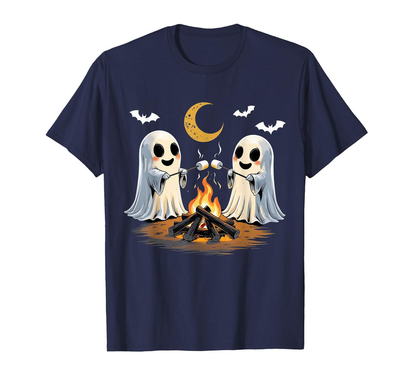 Halloween Tees and Spooky Ghosts Designs Ghosts Roasting Marshmallows Halloween Night Cute Novelty T-Shirt - Navy Blue