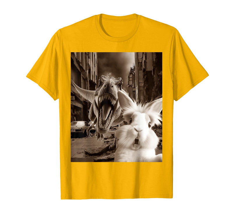 Funny Bunny Rabbit Selfie with T-Rex Tyrannosaurus Dinosaur T-Shirt in Golden Yellow