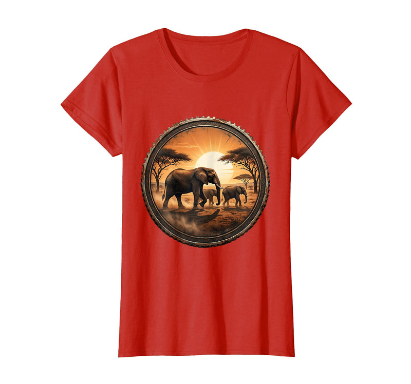 Mademark Elephant Herd Crossing Dusty Savanna Plain T-Shirt - Women - Red