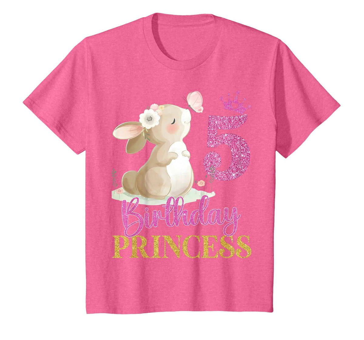 Kids 5th Birthday Rabbit Princess Girl Bunny 5 Years Old T-Shirt in Pink Heather