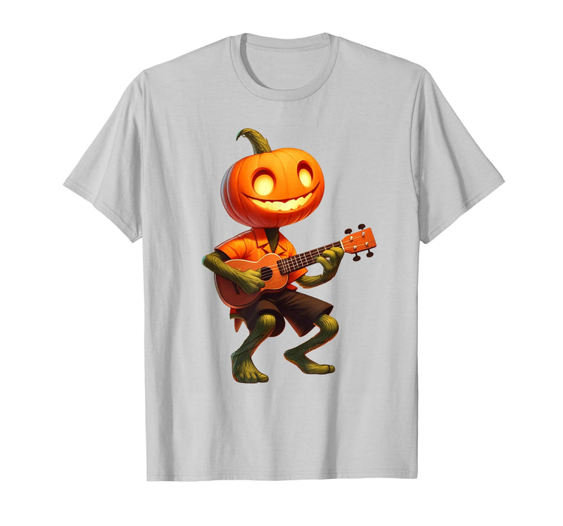 Funny Pumpkin Head Halloween Ukulele Tees Pumpkin Face Playing Ukulele Halloween Costume Men Boys Kids T-Shirt - Silver Grey