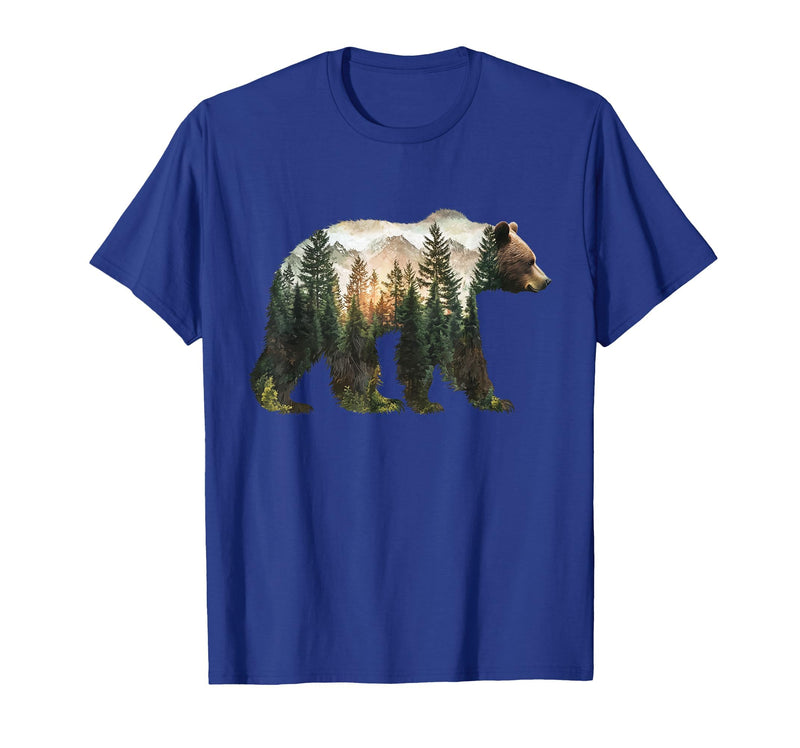 Bear Designs. Bear Forest Mountains Trees Nature Sunset Outdoor Graphic T-Shirt - Royal Blue