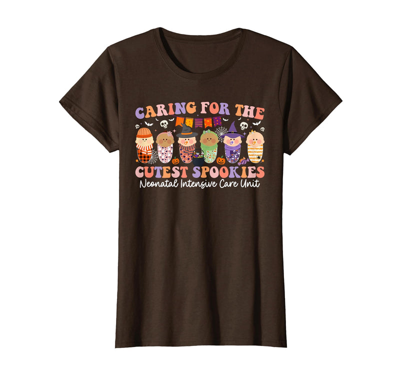 Halloween NICU Nurse Neonatal Intensive Care Caring for The Cutest Little Spookies NICU Nurse Halloween T-Shirt - Brown