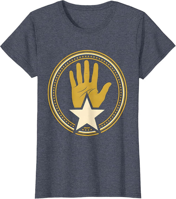 Women's First Grade Teacher Gold Star Hand Stamp Graphic T-Shirt - Heather Blue