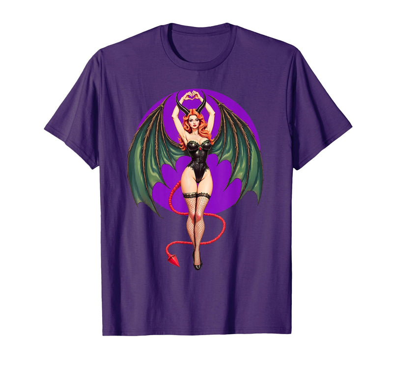 Classic Vintage Pin-Up Sexy Girl by YUX Sexy Succubus Monster Halloween Hand Heart Pin-Up Girl Devil T-Shirt - Purple