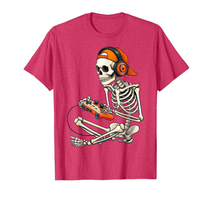 Halloween Skeleton Shirts for Gamers Men Boys Kids Halloween Skeleton Gamer Video Gaming Boys Men Kids Funny T-Shirt - Red