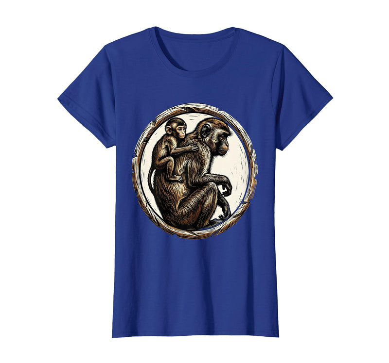 Mademark Baby Monkey Clinging to Mother's Back Design T-Shirt - Women - Royal Blue