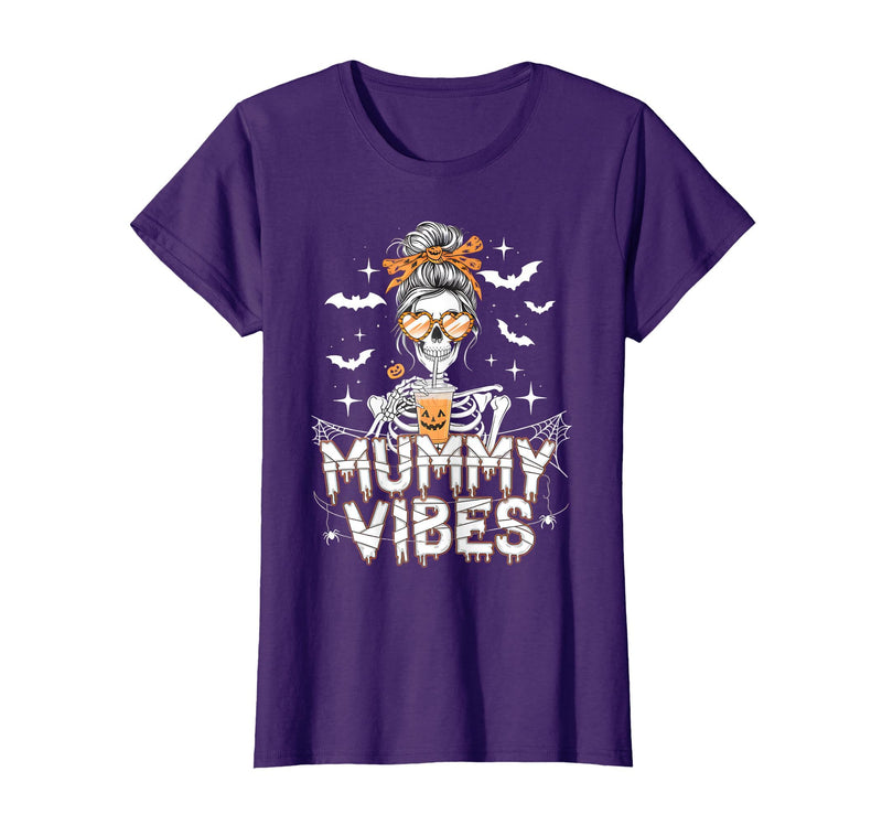 Mummy Vibes Halloween Coffee Funny Skeleton Tee Mummy Vibes Halloween Coffee Funny Skeleton Mother Mom T-Shirt - Purple