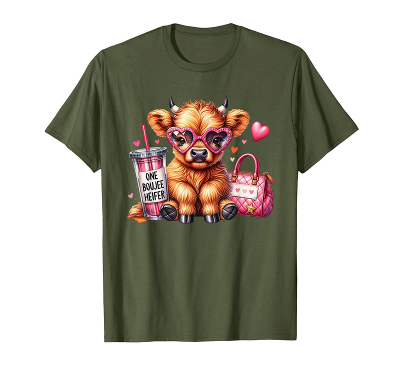 Highland Cow Land of NYC One Boujee Heifer Highland Cow Bougie Pink Tumbler Handbag T-Shirt - Olive Green