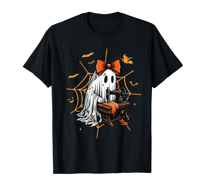 Ghost Quilter Sewing Halloween Costume Cute Ghost Quilter Sewing Halloween Scary Costume Retro T-Shirt - Black