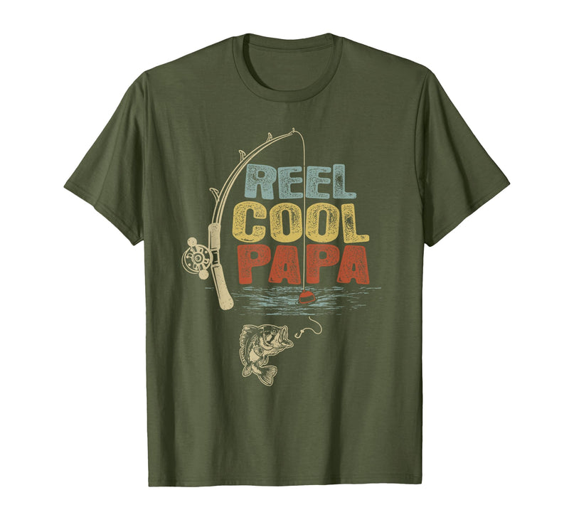 Cool Papa Fathers Day Fishing Gifts Funny Fisherman Vintage Reel Cool Papa T-Shirt - Olive Green