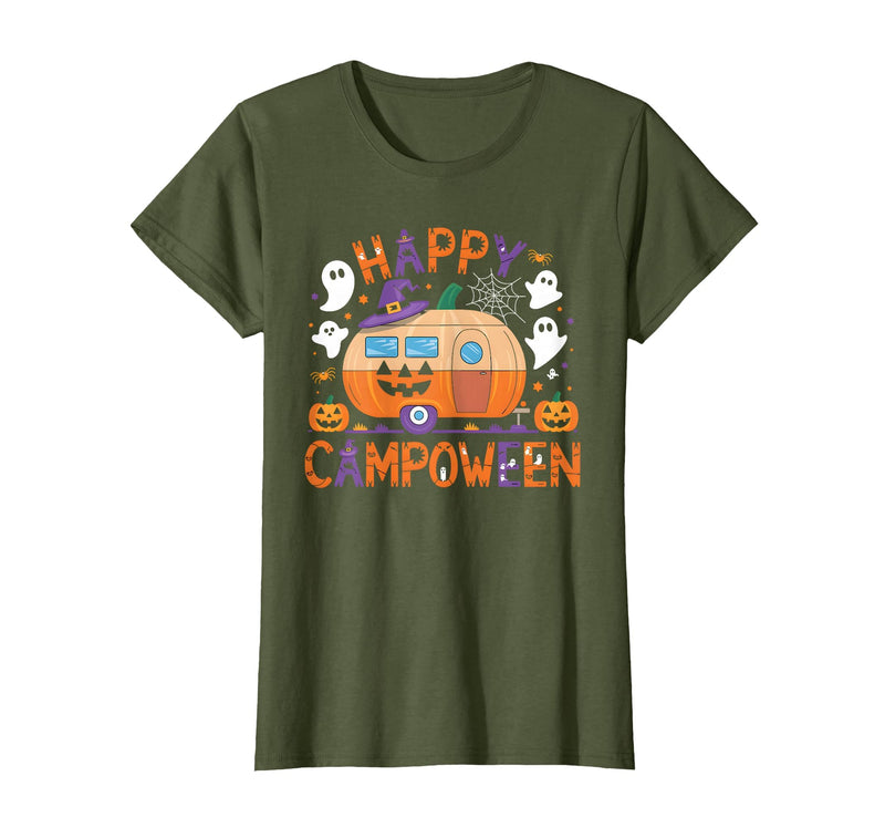 Spooky Camp-O-Ween Ghosts and Campfire Apparel Happy Camp-O-Ween Halloween Camping Ghosts and Campfires T-Shirt - Olive Green