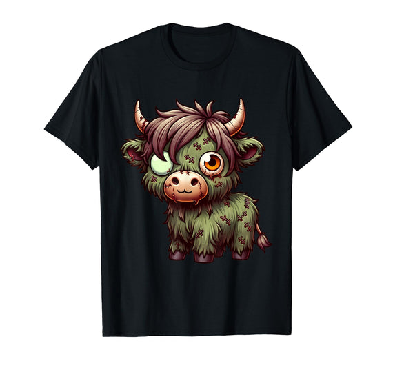 Cute Highland Cow Zombie Halloween Designs Highland Cow Zombie Halloween Farm Animal Women Girls T-Shirt - Black
