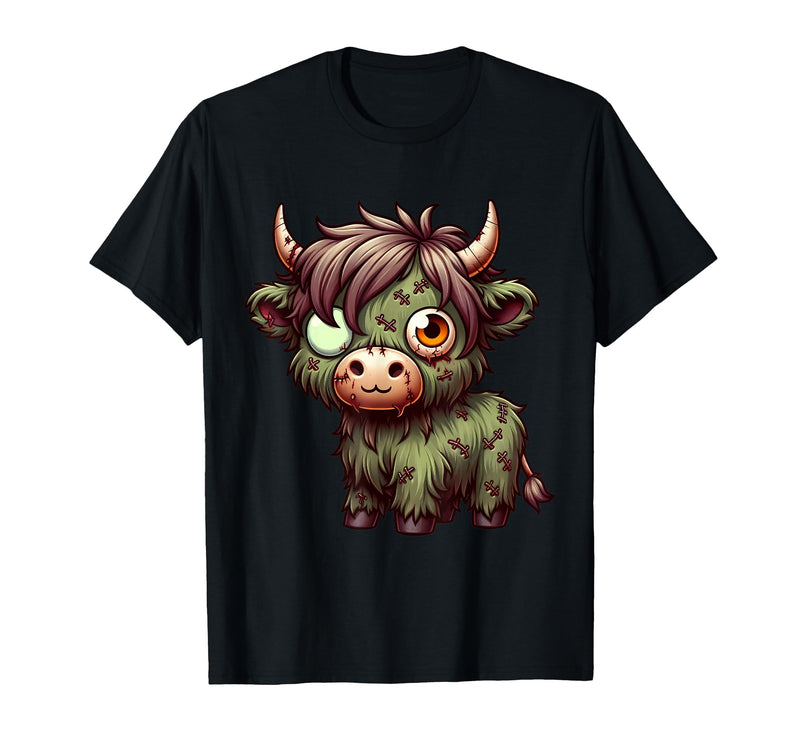 Cute Highland Cow Zombie Halloween Designs Highland Cow Zombie Halloween Farm Animal Women Girls T-Shirt - Black