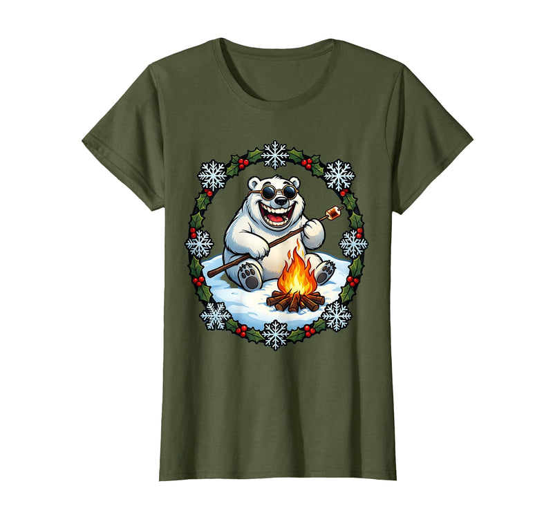 Mademark Polar Bear Sunglasses Roasting Marshmallow Christmas T-Shirt - Olive Green