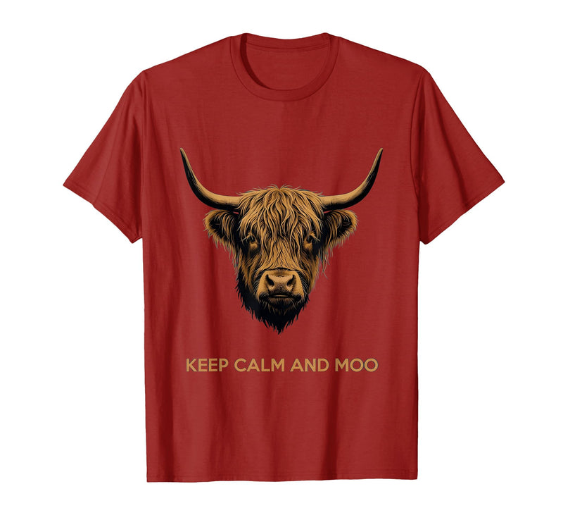 Mademark Keep Calm and Moo Highland Cow Design T-Shirt - Cranberry Red