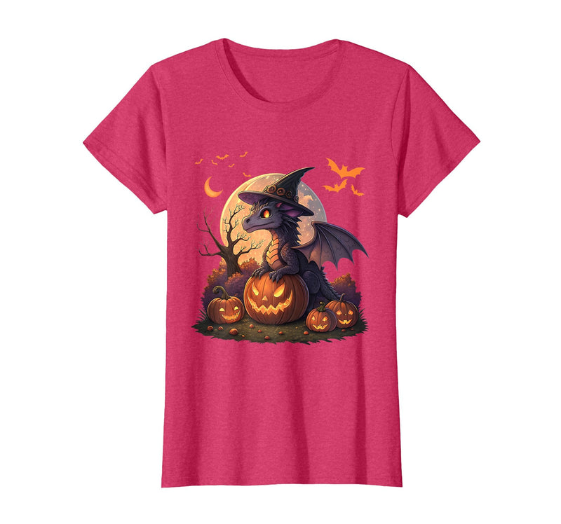Halloween Dragons Fantasy Spooky Witchy Cute Halloween Dragon Witch Hat Pumpkin Moon Fantasy T-Shirt - Red Heather