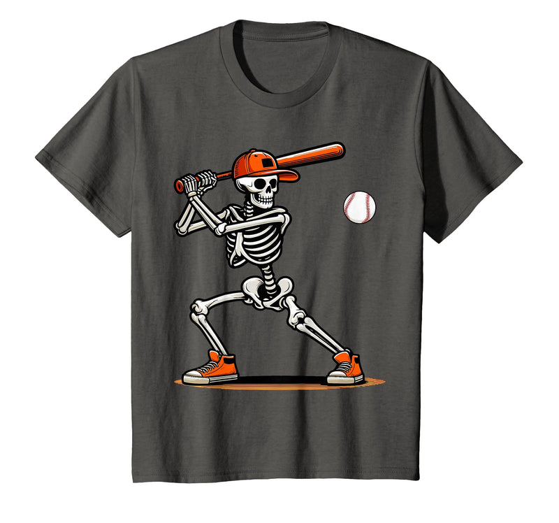 Funny Halloween Skeleton Sports Boys Costume Baseball Skeleton Spooky Boys Halloween Baseball Player T-Shirt - Asphalt Grey