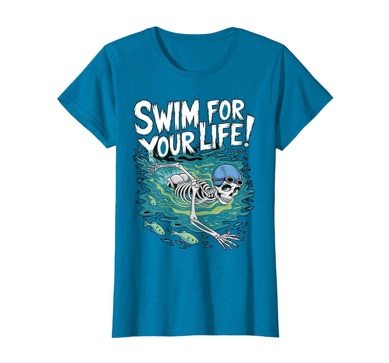 Swim Lover Halloween Custom Tee For Swimmers Kids Halloween Skeleton Swimming Swim for Your Life Swimmers Dad T-Shirt -