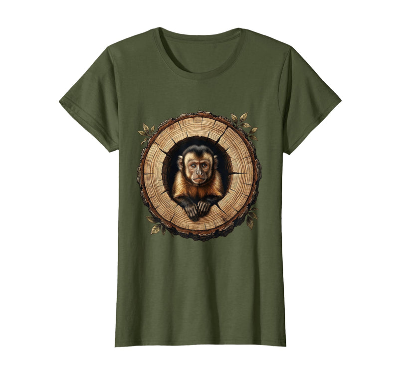 Mademark Capuchin Monkey in Hollow Log Illustration T-Shirt - Women - Olive Green