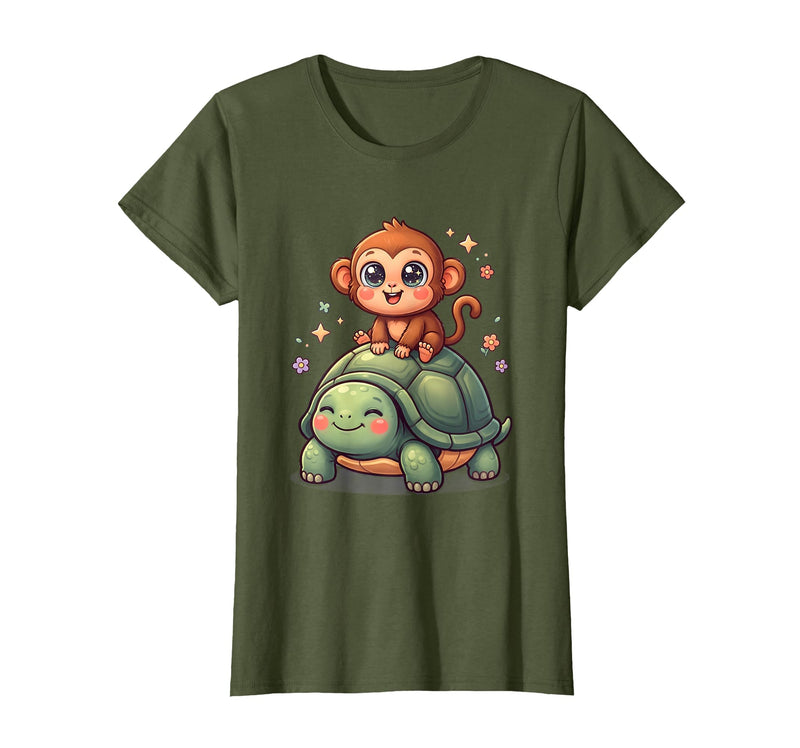 Mademark Small Monkey Riding Giant Tortoise Funny Animal Art T-Shirt - Women - Olive Green