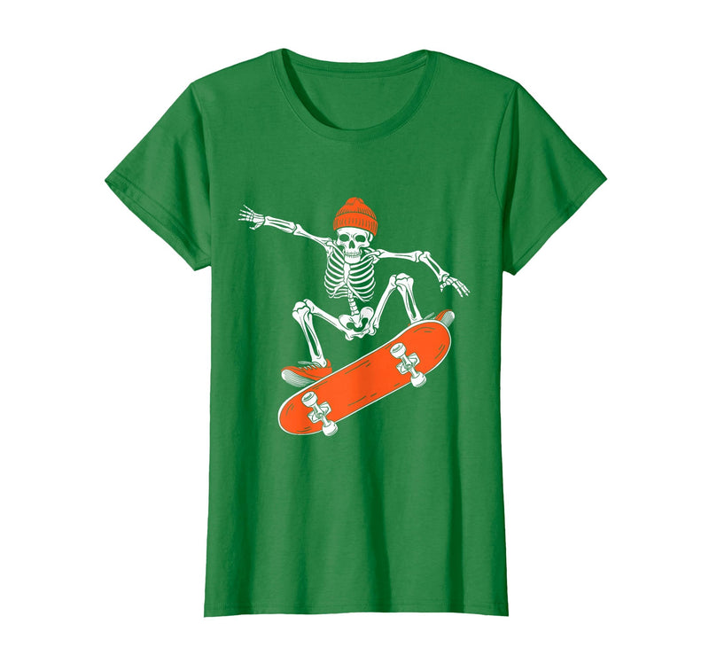 Funny Boys Kids Skeleton Skater Art Skateboarding Skeleton Riding Skateboard Halloween Skater T-Shirt - Kelly Green