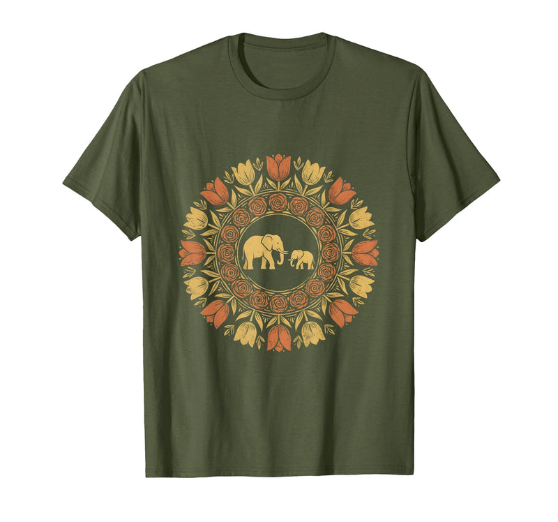 Mademark Mother Elephant and Baby Walking Through Tall Grass T-Shirt - Men - Olive Green
