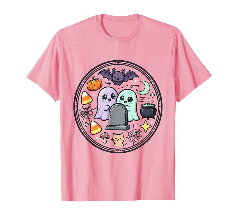 Mademark Ghost & Spirits - Ghost (99 Problems All) T-Shirt - Pink-cute Ghost Peeking Behind Gravestone