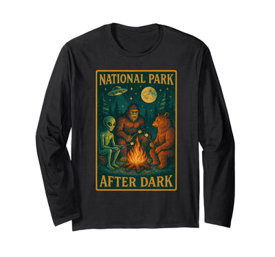 National Park After Dark: Alien Bigfoot Bear Camping Long Sleeve Shirt