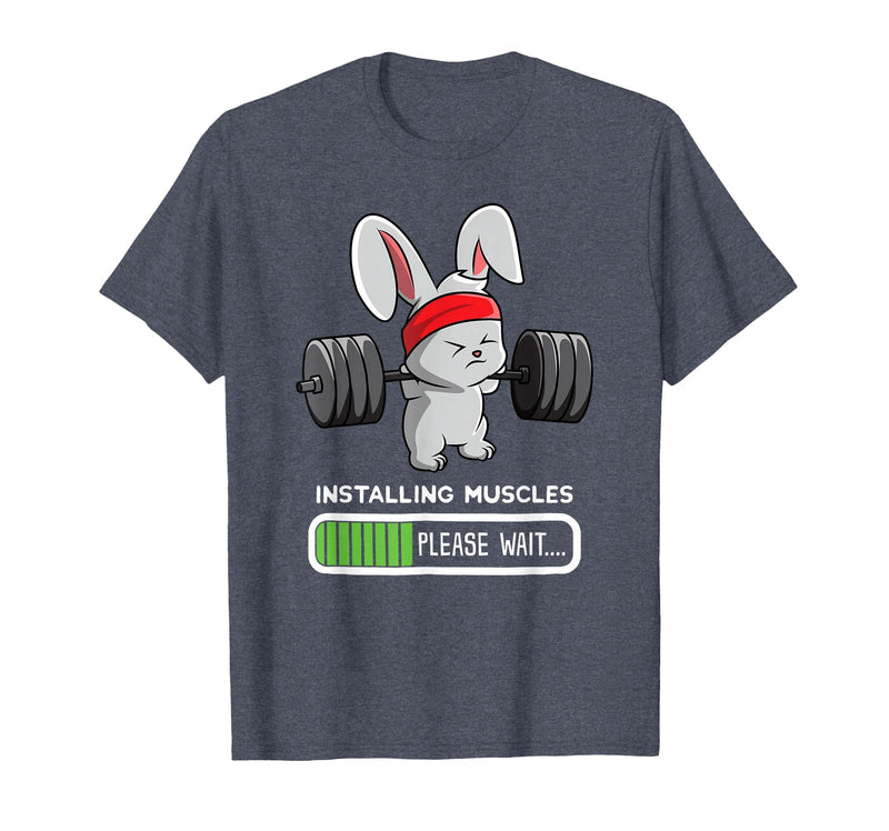Bunny Gym Rabbit Weights Installing Muscles T-Shirt in Heather Blue