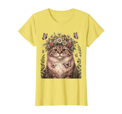 Mademark Cat Flower Crown Butterfly Garden Illustration T-Shirt