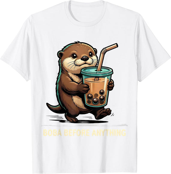 Men's Boba Before Anything Cute Kawaii Otter Anime Boba Tea Lover T-Shirt - White