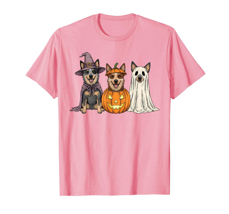 Funny Retro Australian Cattle Dog Halloween Witch Spooky Ghost Blue Heeler Pumpkin Halloween Dog Lover T-Shirt - Pink