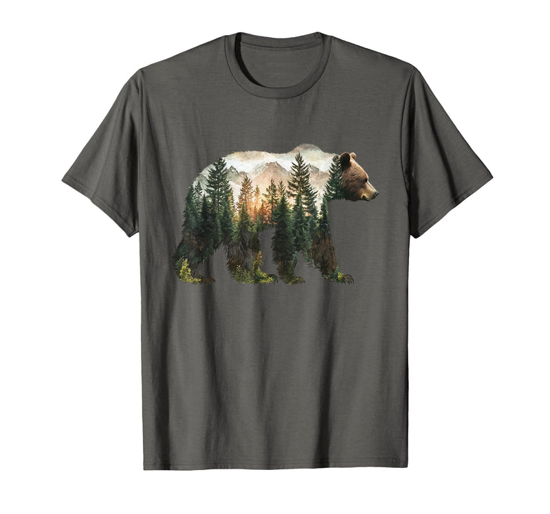 Bear Designs. Bear Forest Mountains Trees Nature Sunset Outdoor Graphic T-Shirt - Asphalt Grey