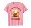 Boo Watercolor Pumpkin Cup Light Witch Hat Bottle Bourbon My Favorite Spirit is Bourbon Happy Halloween Boo T-Shirt - Pink