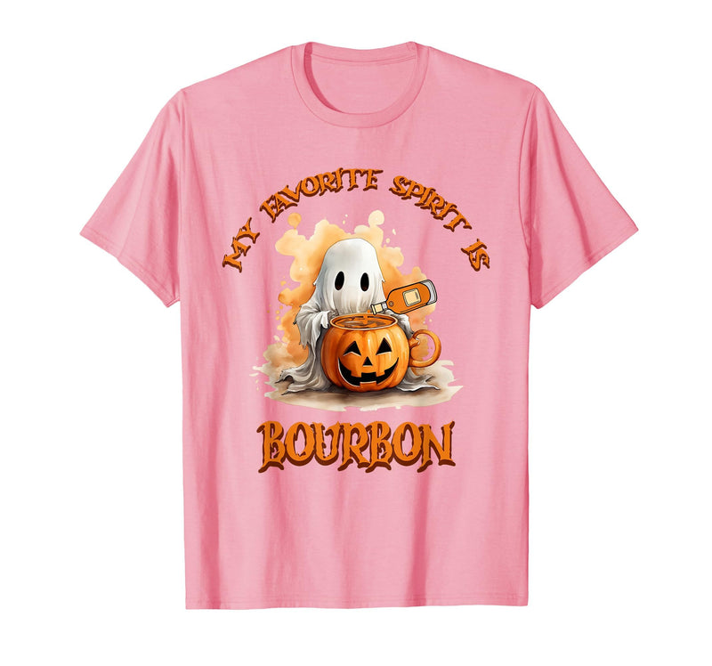 Boo Watercolor Pumpkin Cup Light Witch Hat Bottle Bourbon My Favorite Spirit is Bourbon Happy Halloween Boo T-Shirt - Pink