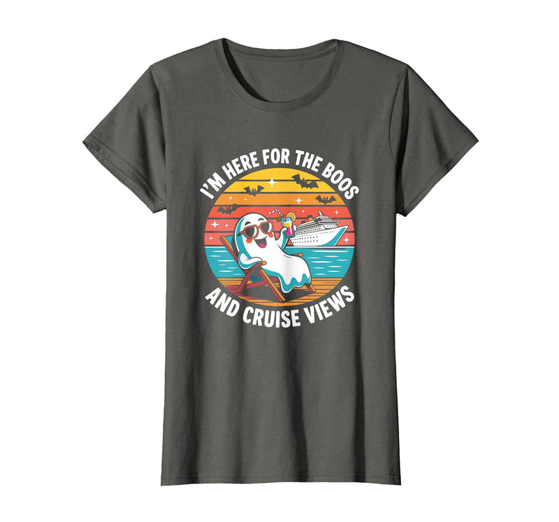 Boos Cruise Halloween Ghost Drinking Gifts Here for The Boos and Cruise Views Halloween Party T-Shirt - Asphalt Grey