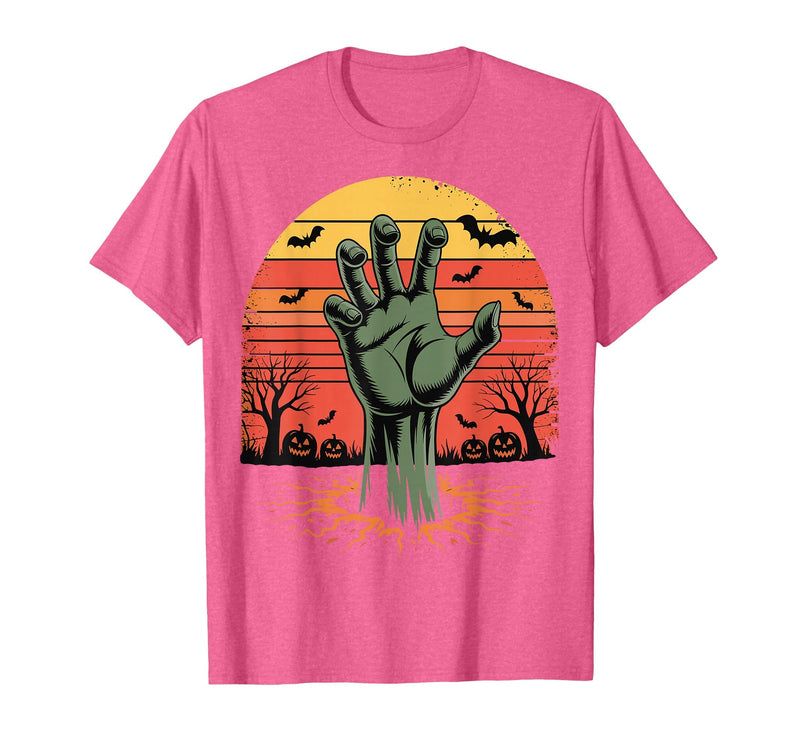 Creepy Undead Zombie Hand Retro Sunset Scary Zombie Hand Retro Sunset Halloween Horror Tee T-Shirt - Pink Heather