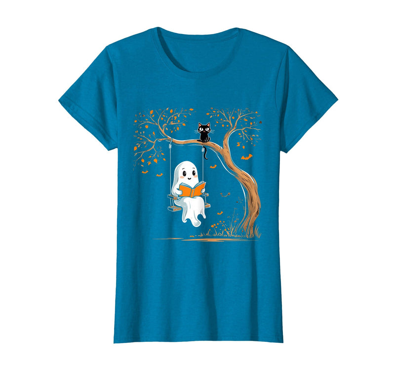 Halloween Ghost Swing Reading Vintage Ghost Swing Reading Book Swinging Halloween Costume T-Shirt - Sapphire Blue