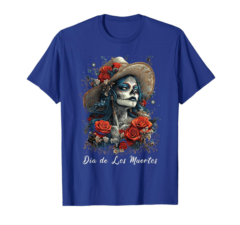 DIRHAME Dia De Los Muertos Mexican Sugar Skull Girl Halloween Dia De Los Muertos T-Shirt - Royal Blue