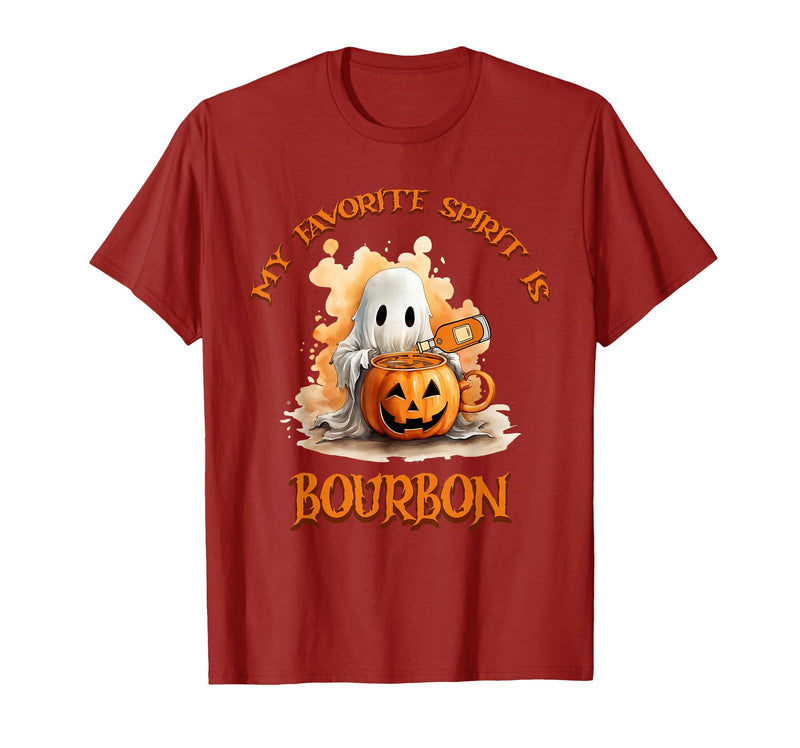 Boo Watercolor Pumpkin Cup Light Witch Hat Bottle Bourbon My Favorite Spirit is Bourbon Happy Halloween Boo T-Shirt -