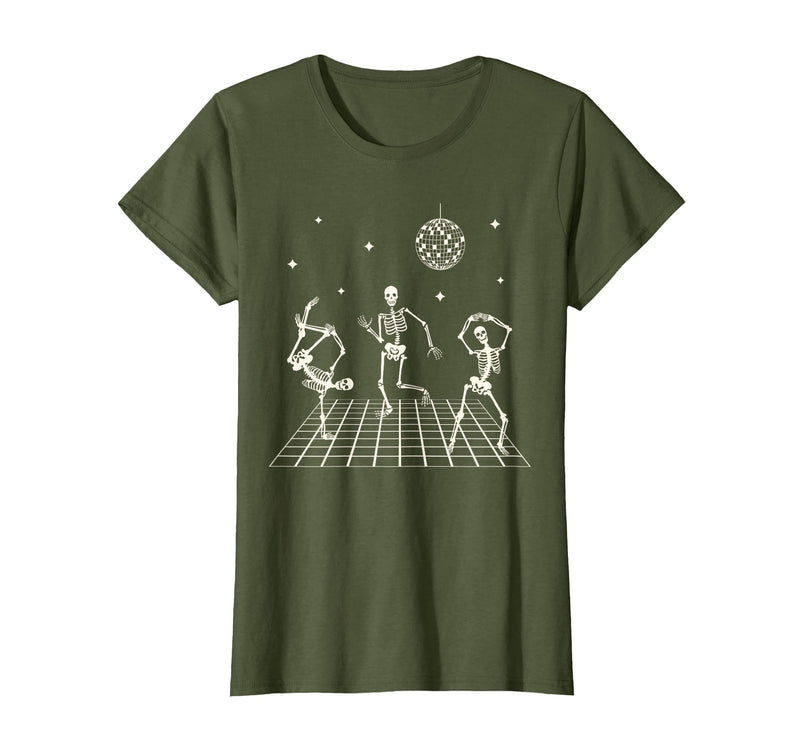 Sollomio Skeletons Dancing at The Club with a Disco Ball Halloween T-Shirt - Olive Green