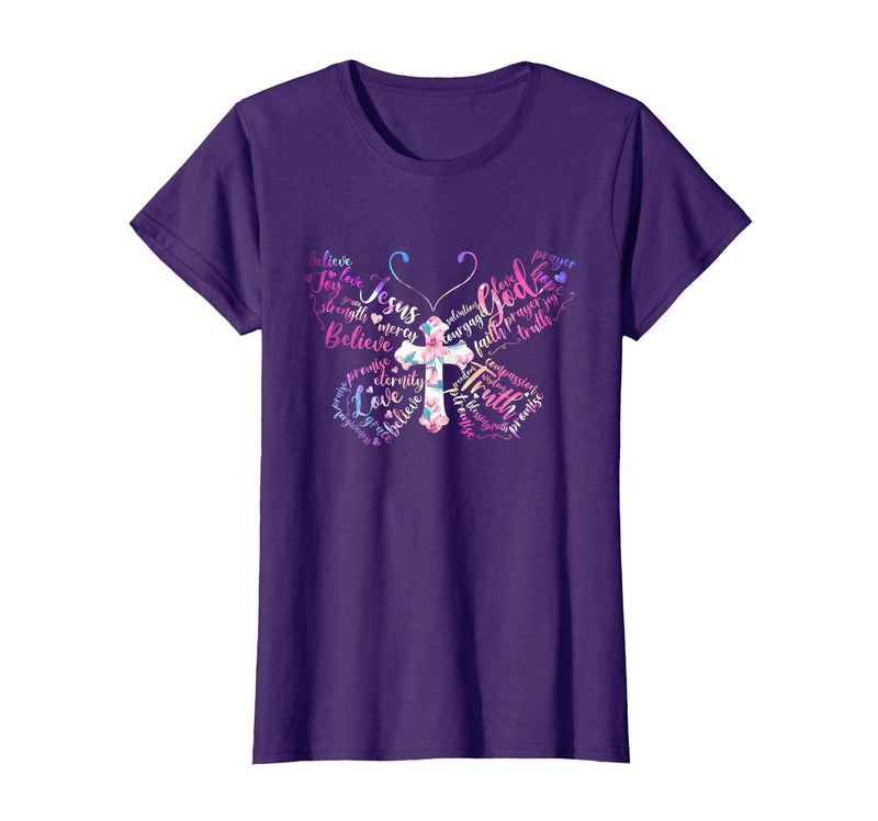 Butterfly Prayer Graphic Jesus Christian Cross Butterfly Prayer Jesus Christian Cross Floral Pattern T-Shirt - Purple