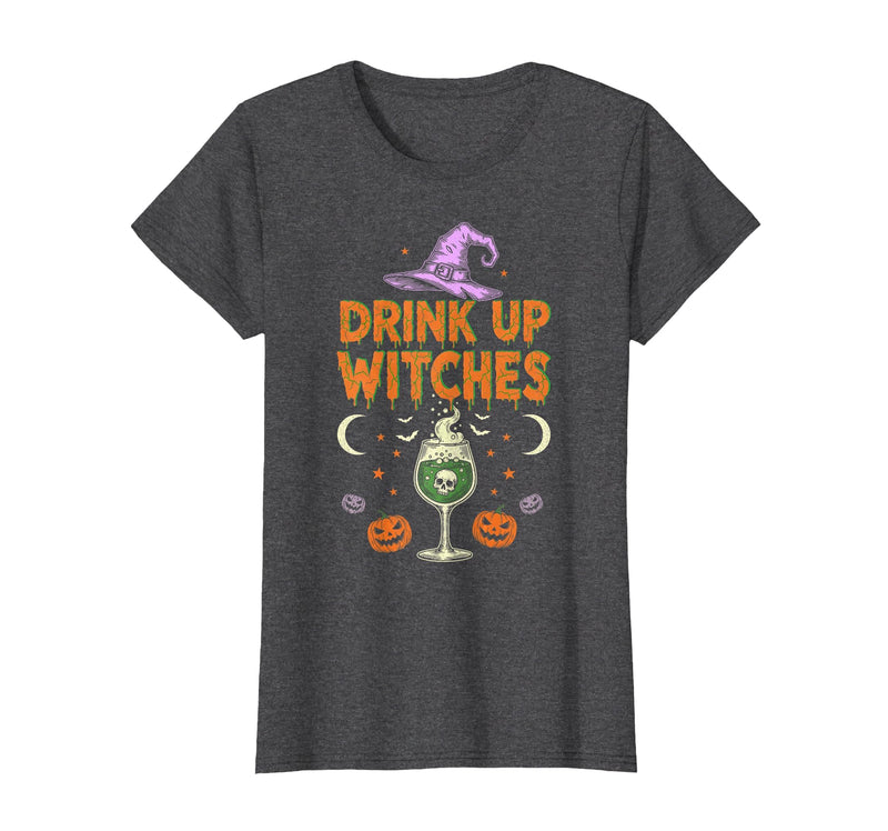 Funny Halloween Tees for Men Women Kids. Drink Up Witches Purple Hat Funny Halloween Men Women T-Shirt - Dark Heather Grey