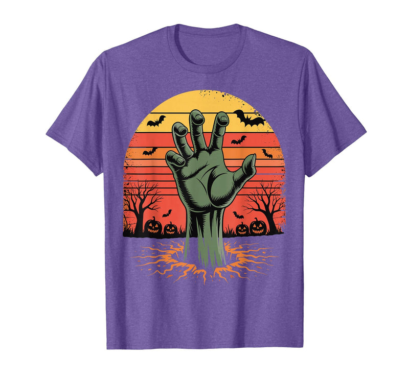 Creepy Undead Zombie Hand Retro Sunset Scary Zombie Hand Retro Sunset Halloween Horror Tee T-Shirt - Purple Heather