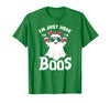 Addictive Designs Halloween Merch Funny Halloween, Just Here for the Boos, Ghost Drinking Wine T-Shirt - Kelly Green